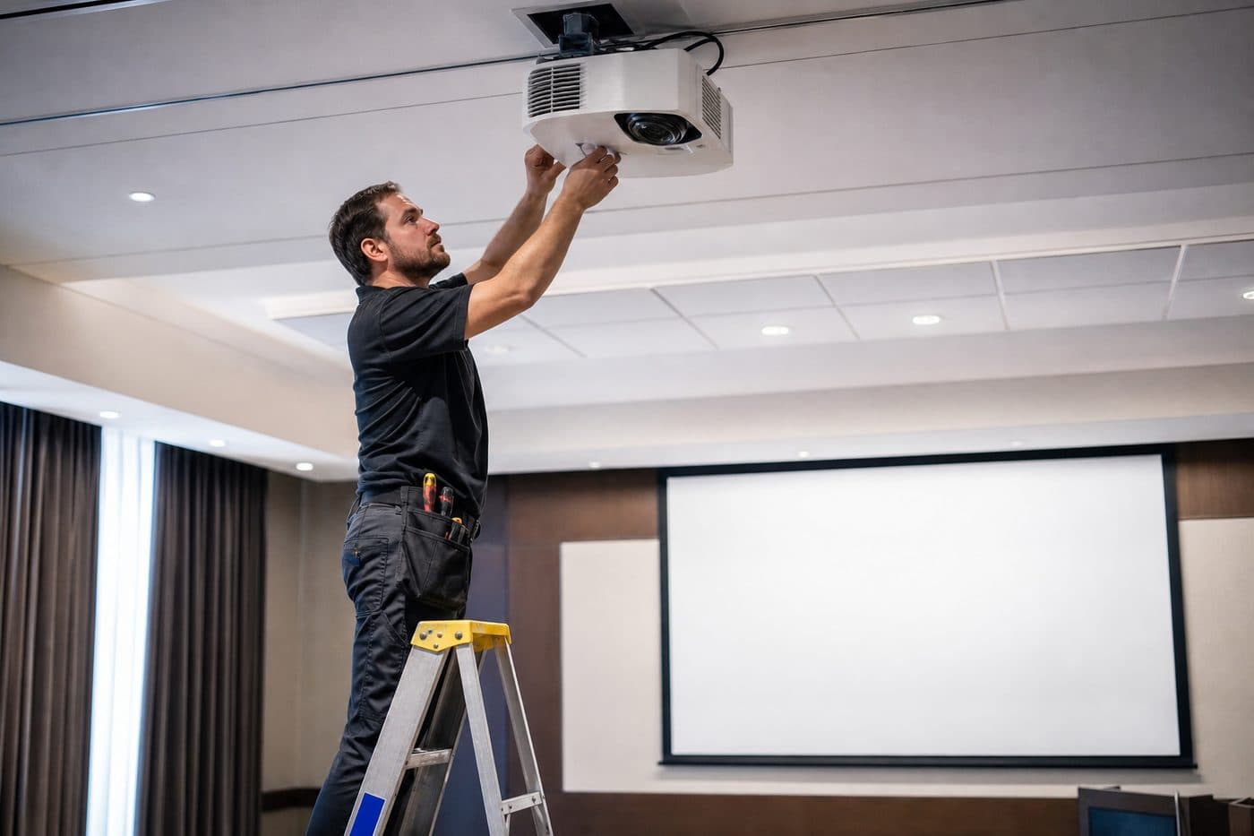 Tekniker installerar projektor i taket